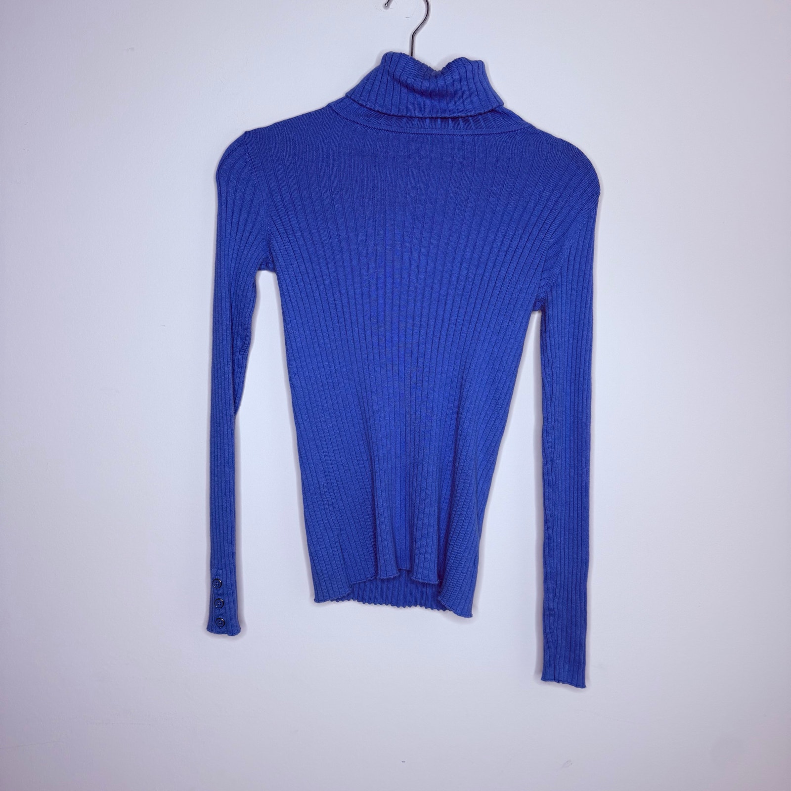 J Mclaughlin Ribbed Turtleneck Sweater Blue Stretch Knit Button Sleeve Xs